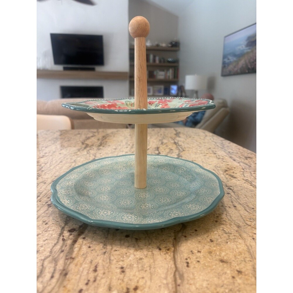 The Pioneer Woman  2-Tiered Server with floral top plate and a geometric bottom
